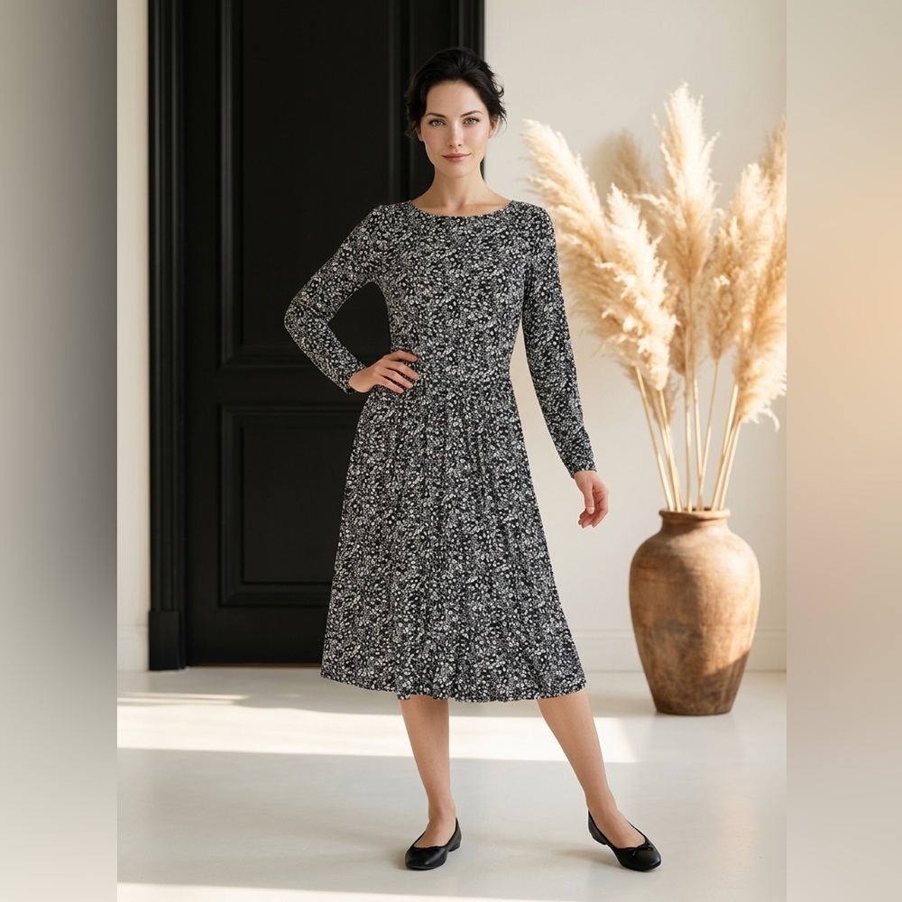 Boden Evelyn Jersey Midi long sleeve Dress Black, Floral Cascade print